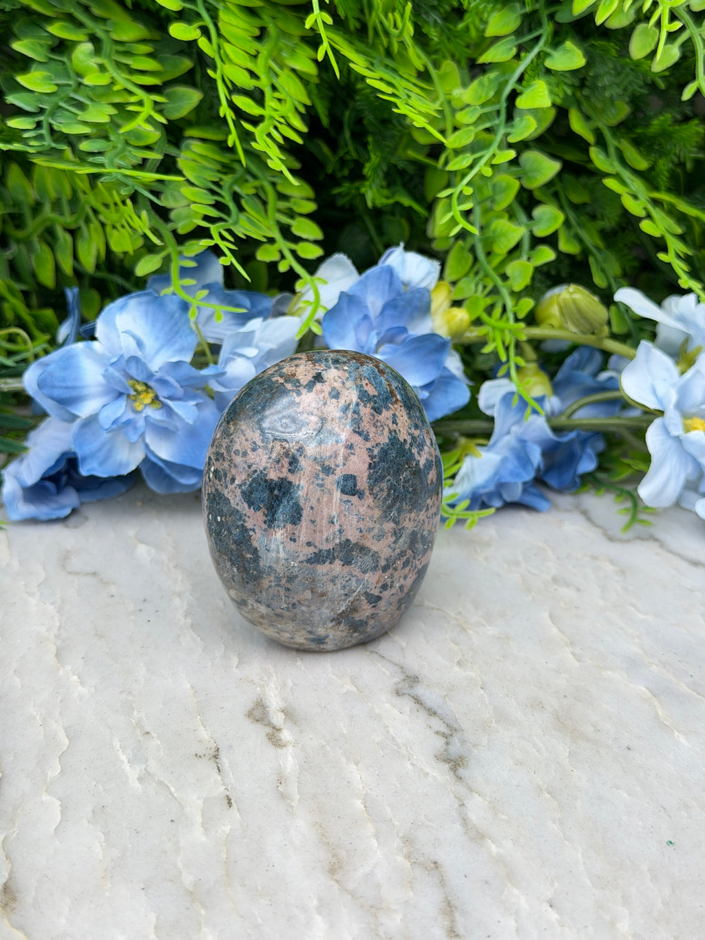 a close-up view of a speckled stone or rock, surrounded by vibrant blue flowers and lush green foliage.