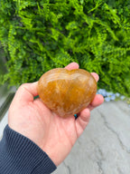 A hand holding a heart-shaped crystal against a backdrop of green foliage.