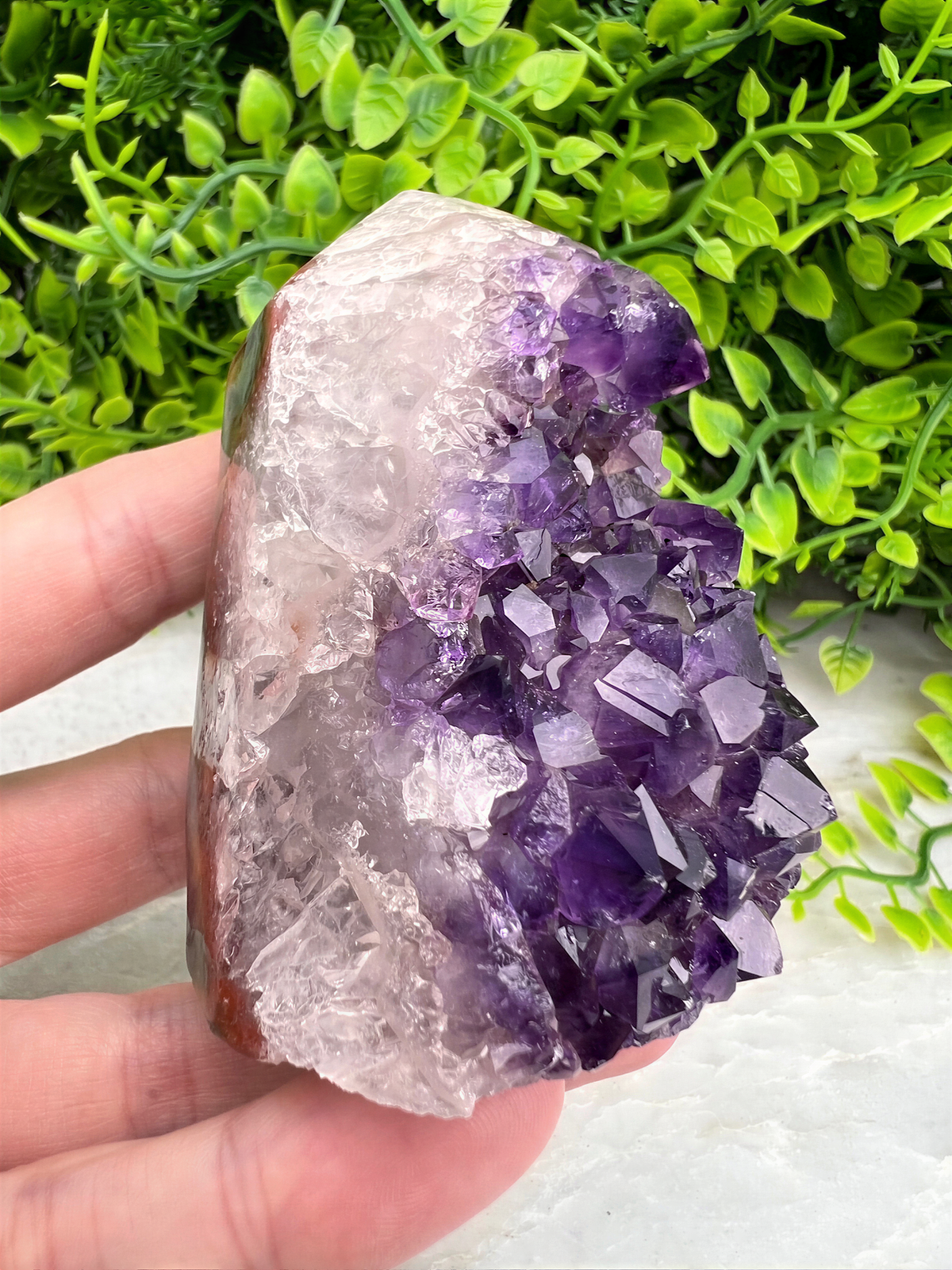 A hand is holding a piece of amethyst crystal, which is a purple crystal with numerous small crystals embedded in it. The hand is positioned in front of a background of green foliage, creating a natural and serene setting.