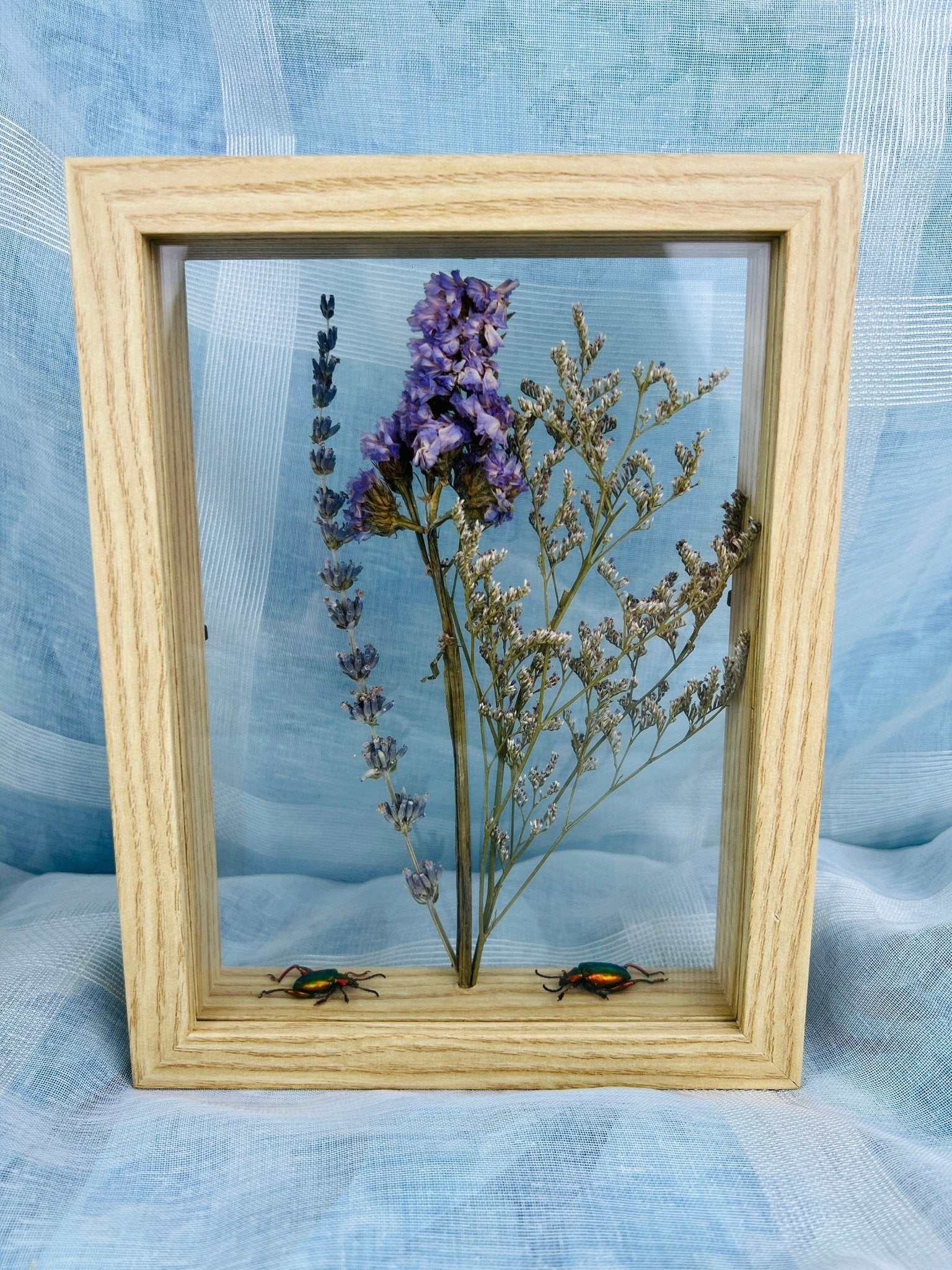 Doppelverglasung mit Holzrahmen, verziert mit Käfern und Trockenblumen von KEY LIME STORE