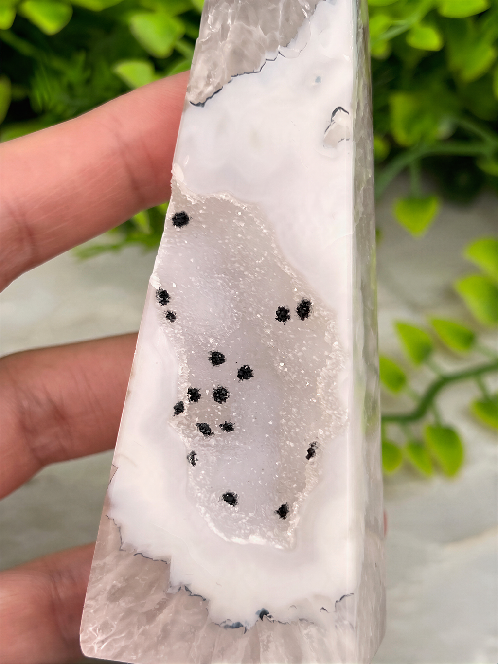 A hand is holding a triangular piece of white rock with black specks, set against a blurred green background.