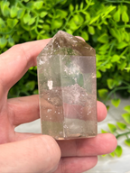 A hand holding a clear crystal with a jagged edge, set against a background of green foliage.