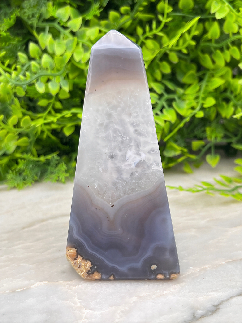 A clear, triangular agate stone with a unique, striped pattern rests on a white surface, surrounded by lush green foliage.