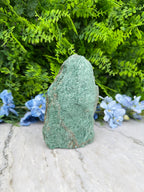 A large, green rock lies on a white surface, surrounded by lush green foliage and delicate blue flowers.