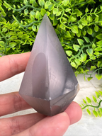 A hand is holding a gray, triangular crystal against a backdrop of green foliage.