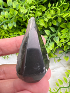 A hand holding a black, triangular-shaped crystal against a background of green foliage.