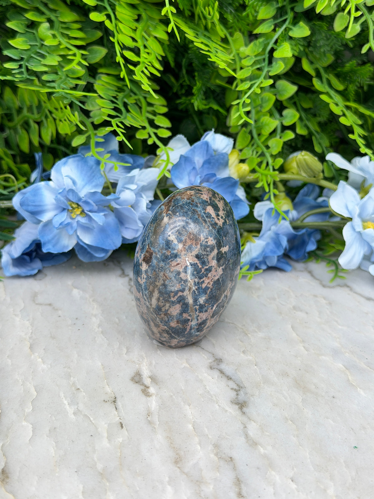 a close-up view of a blue flower and a rock, with the rock positioned on a white surface.