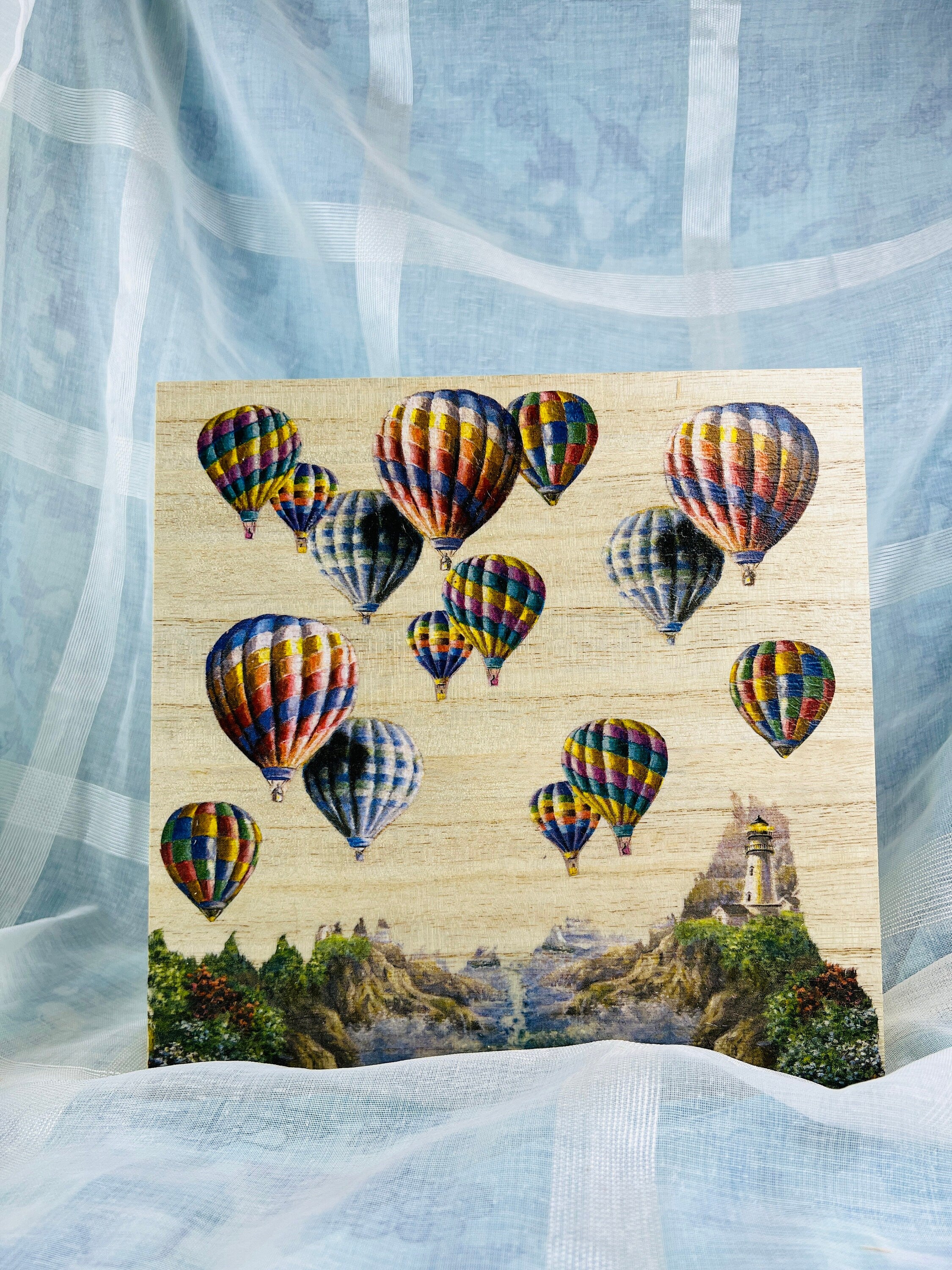 Whimsical Wooden Jewelry Box with Hot Air Balloons - Handcrafted Scenic Landscape