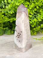 A pink crystal with black spots rests on a white surface, surrounded by lush green foliage.