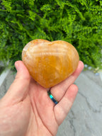 A hand holding a heart-shaped crystal against a backdrop of green foliage.