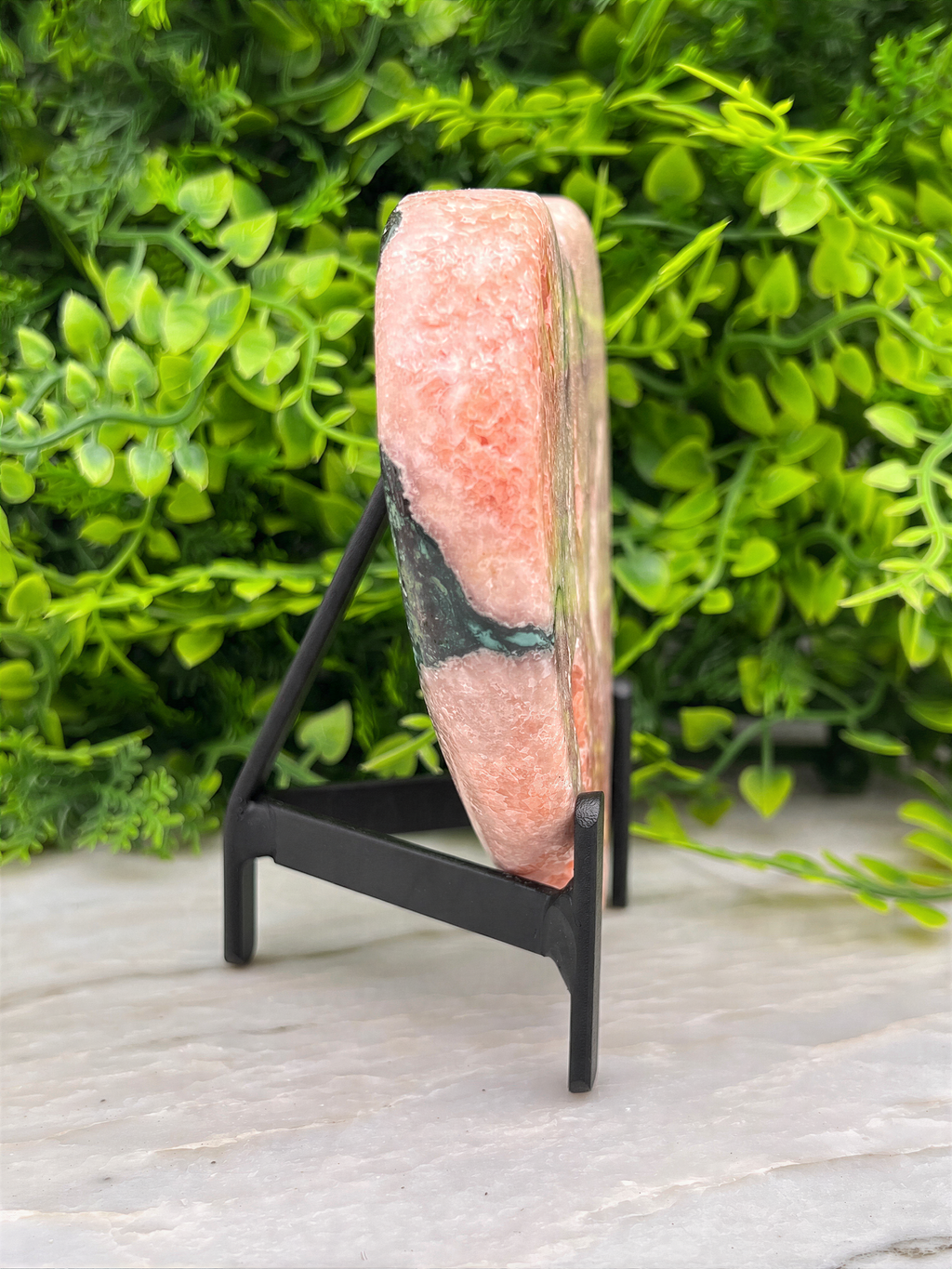 a pinkish-red rock with a greenish hue, placed on a black stand and surrounded by lush green foliage.