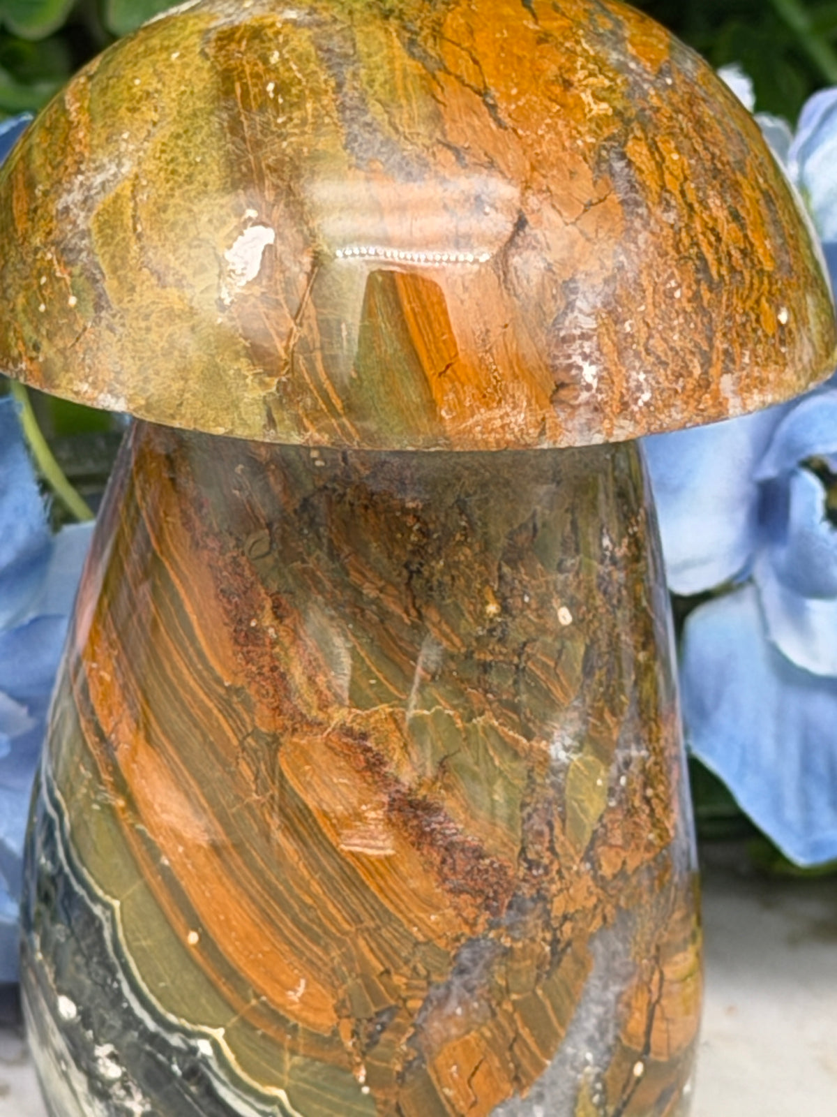 a close-up view of a rock formation with a striped pattern, set against a backdrop of blue flowers.