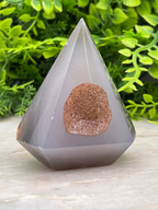 A gray, triangular crystal with a brown, speckled surface sits on a white surface, surrounded by lush green foliage.