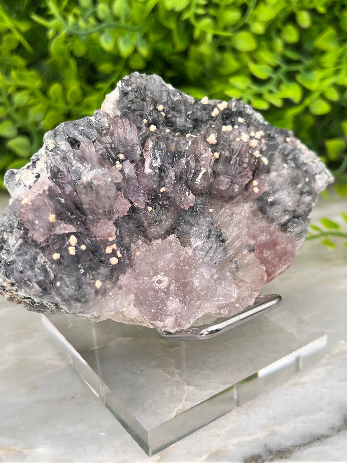 A close-up of a crystal with a mix of purple and black hues, set against a blurred green background.