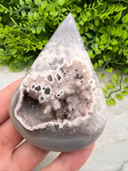 A hand is holding a teardrop-shaped geode with a white, speckled surface, set against a backdrop of green foliage.