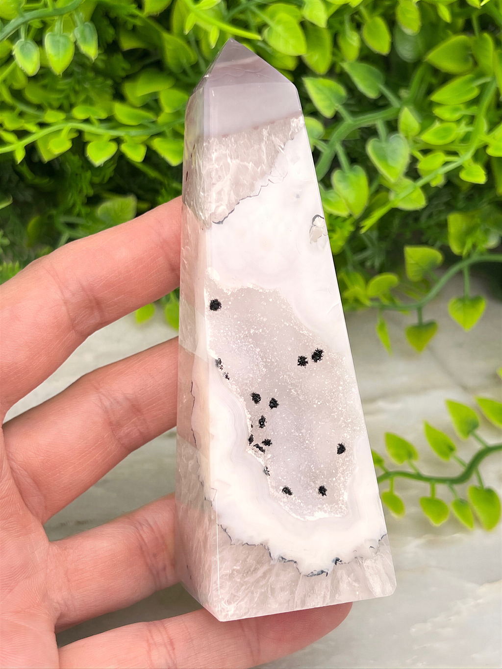 A hand holding a pointed, white crystal with black specks against a background of green foliage.