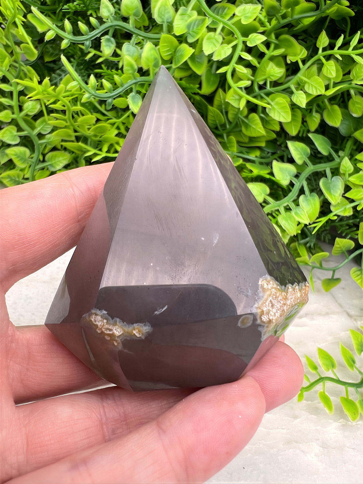 A hand is holding a dark gray, triangular-shaped object with a small, golden-colored accent on it, set against a background of green foliage.