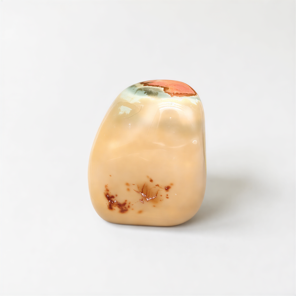 A single, light-colored stone with a small, brown spot on it, sitting on a plain white background.